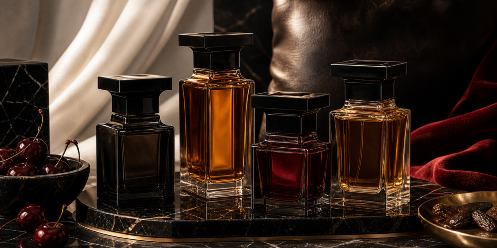 Luxury fragrance bottles for a Tom Ford fragrance guide